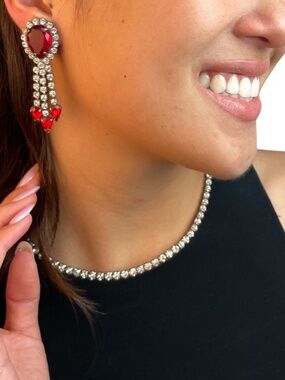 Glam Vintage Red and White Rhinestone Dangle Earrings
